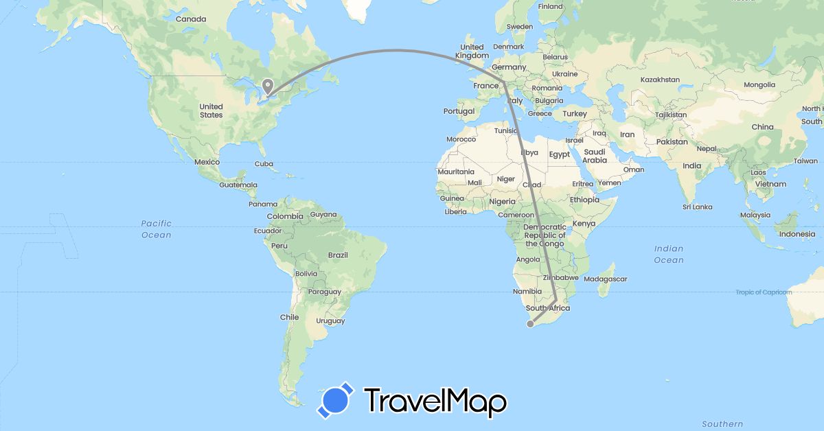 TravelMap itinerary: driving, plane in Canada, Switzerland, South Africa (Africa, Europe, North America)